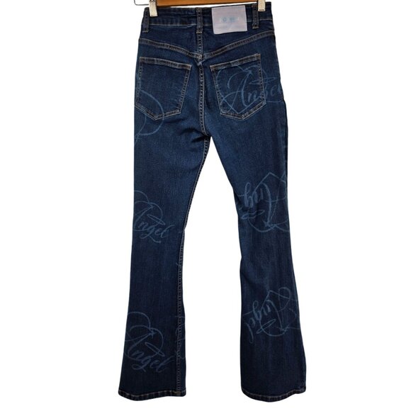 Dolls Kill NGOrder Low Rise Flare Jeans Angel Print Bootcut Size 6 Blue Denim - Picture 2 of 10